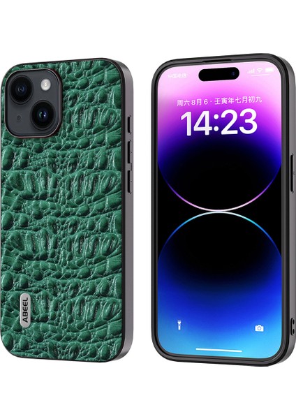 Iphone 15 Slim-Fit Telefon Kılıfı Orijinal Inek Deri Kaplamalı Pc+Tpu Gölgelik Doku Doku Kapak Yeşil (Yurt Dışından)