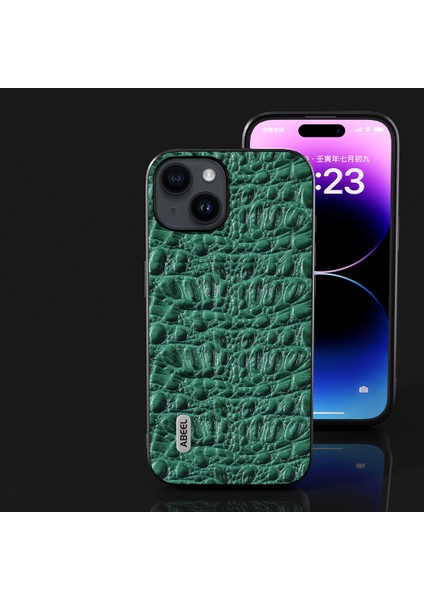 Iphone 15 Slim-Fit Telefon Kılıfı Orijinal Inek Deri Kaplamalı Pc+Tpu Gölgelik Doku Doku Kapak Yeşil (Yurt Dışından)