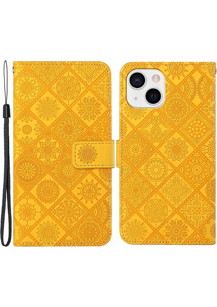 Iphone 15 Için Deri Cüzdan Kılıfı Artı Damla Dirençli Basılı Çiçek Telefon Standı Kapak-Sarı (Yurt Dışından)