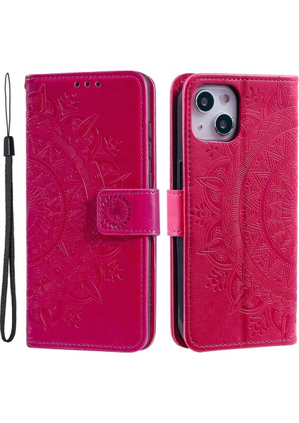 Iphone 15 Plus Mandala Çiçek Koruyucu Koruyucu Kılıf Pu Deri Cüzdan Stand Telefon Kapağı Strap-Rose (Yurt Dışından)