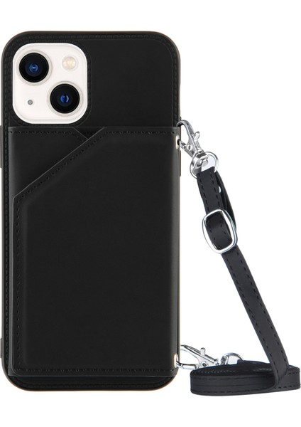 İphone 15 Kart Tutucu Arka Kasa Deri+Tpu Kickstand Kapağı Omuz Kayış-Siyah (Yurt Dışından)