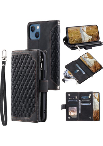 Iphone 15 Pu Deri Pu Deri Telefon Kılıfı Eşkenar Dörtgen Deseni Basılmış Fermuarlı Cep Cüzdanı Standı Kapağı Strap-Black (Yurt Dışından)