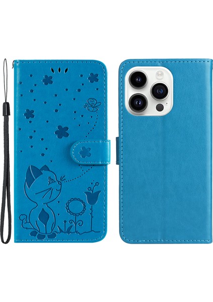 Iphone 15 Pro Telefon Kapağı Için Kedi Baskılı Deri Stand Cüzdan Kılıf Mavisi (Yurt Dışından)