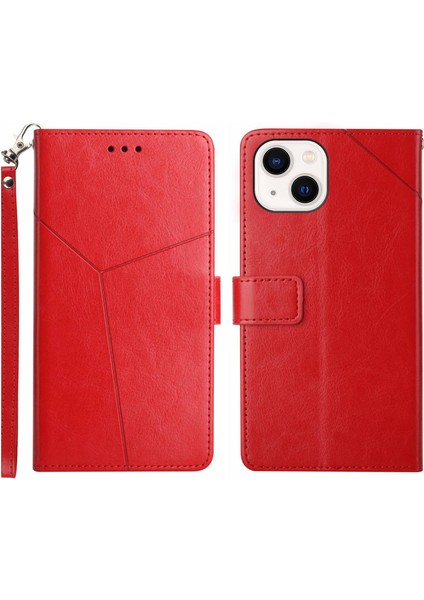 Iphone 15 Için Telefon Kılıfı Plus Y Şeklinde Hat Baskı Pu Deri Cüzdan Standı Anti-Drop Kapak Kırmızısı (Yurt Dışından)