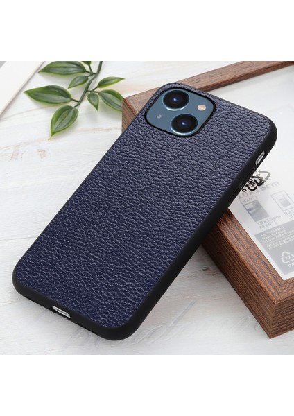Iphone 15 Orijinal Inek Deri+Pc+Tpu Anti-Çizelge Hibrit Kapak Mavisi Için Litchi Doku Telefon Kılıfı (Yurt Dışından)