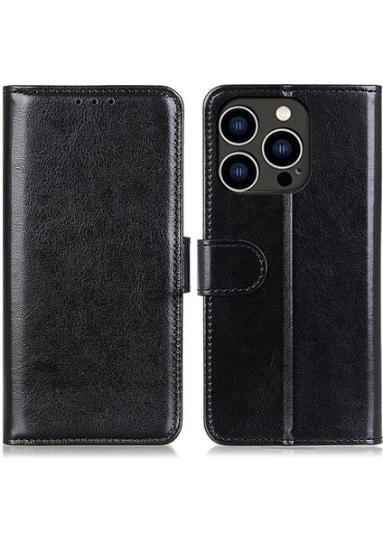 Iphone 15 Pro Max Shockproof Crazy Horse Doku Flip Telefon Kapağı Cüzdan Tpu+Pu Deri Stand Telefon Kılıfı Black (Yurt Dışından)
