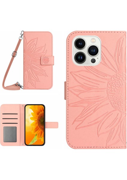 Iphone 15 Pro Maks Telefon Kılıfı Stand Stand Kabuk Ayçiçeği Desenli Telefon Kılıfı Deri Cüzdan Omuz Kayış Işık Pembe (Yurt Dışından)