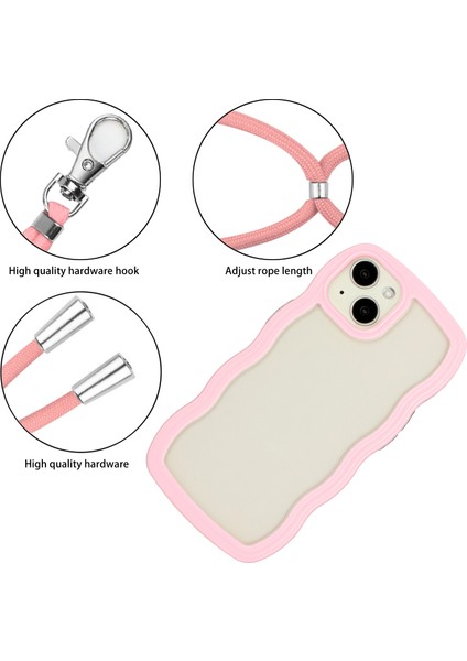 Iphone 15 Plus Için Temiz Kılıf Dalgalı Kenar Tasarım Pc+Tpu Şok Geçirmez Telefon Kapağı Ayarlanabilir Kordon-Pembe (Yurt Dışından)