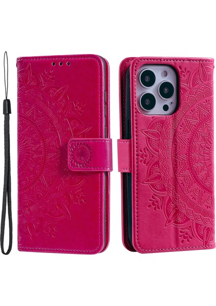 Iphone 15 Pro Flip Telefon Kılıfı Pu Derisi Mandala Çiçek Dışında Stand Cüzdan Kapağı Strap-Rose (Yurt Dışından)