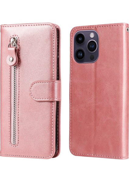 Iphone 15 Pro Max Anter Klak Ballaf Dokusu Telefon Kılıfı Zipper Cep Cüzdan Katlanabilir Stand Kapak Pembe (Yurt Dışından)