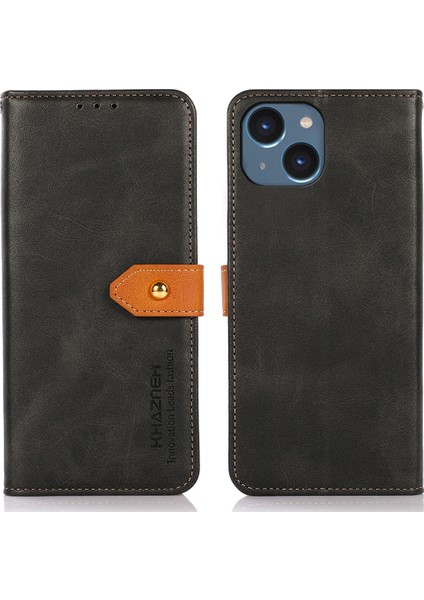 Iphone 15 Plus Telefon Standı Kapağı Cüzdan Şok Geçirmez Cowhide Doku Pu Deri Kabuk-Siyah (Yurt Dışından)