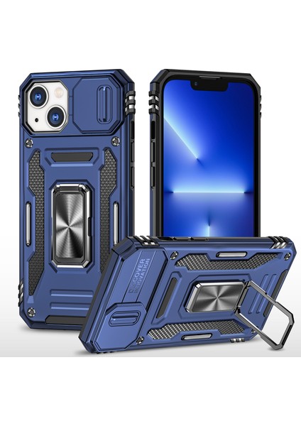 Iphone 15 Metal Kickstand Back Cover Slayt Kamera Kalkanı Pc+Tpu Telefon Case-Dark Blue (Yurt Dışından)