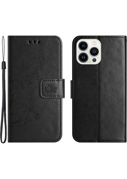 Iphone 15 Pro Maks Kazşana Kanıtı Pu Deri Cüzdan Telefon Kılıf Kelebek Çiçeği Baskılı Stand Kapak Black (Yurt Dışından)