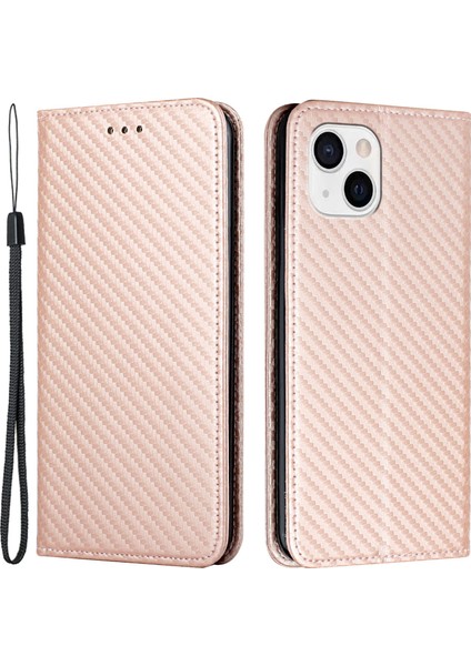 Iphone 15 Için Stand Telefon Kapağı Plus Karbon Fiber Doku Pu Deri+Tpu Cüzdan Case-Rose Altın (Yurt Dışından)
