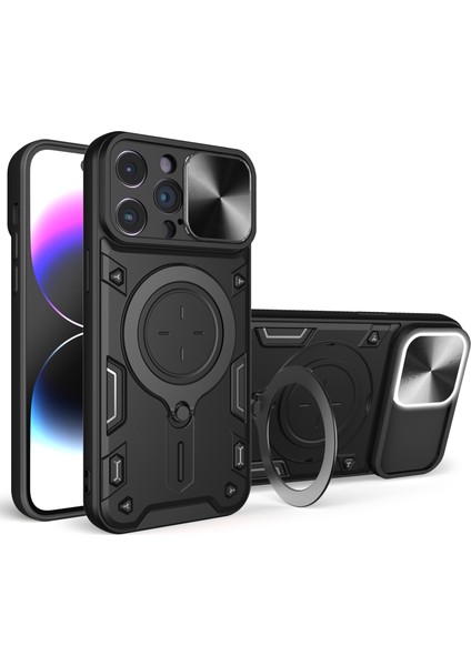 Iphone 15 Pro Maks Slide Kamera Kapağı Pc+Tpu Anti-Drop Kapak Yüzüğü Kickstand Telefon Case-Black (Yurt Dışından)