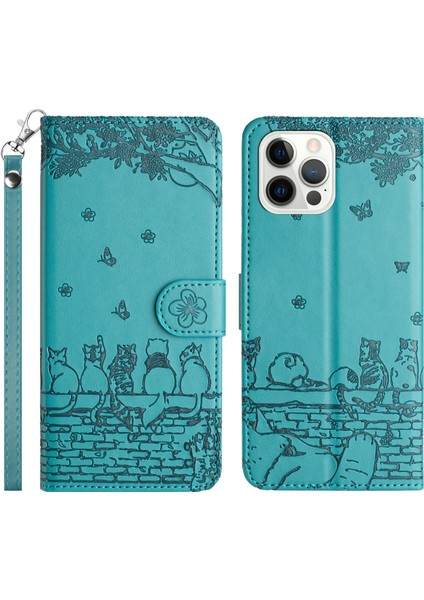 Iphone 15 Pro Maks Duvar Kedileri Baskılı Pu Deri Stand Telefon Kapağı Cüzdan Kılıfı Kayış Mavisi (Yurt Dışından)