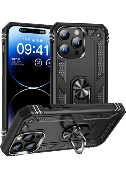 Iphone 15 Pro Kickstand Telefon Kasası Pc+Tpu Kapak Dahili Manyetik Tutucu Metal Sac-Black (Yurt Dışından)