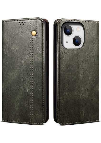 Iphone 15 Için Stand Telefon Kapağı Plus Waxy Crazy Horse Doku Cüzdan Pu Deri Kabuk Telefon Vaka Yeşil (Yurt Dışından)