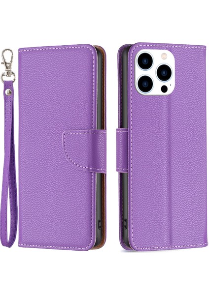 Iphone 15 Pro Cüzdan Pu Deri Cep Telefonu Kapağı Litchi Doku Telefon Flip Stand Kılıfı Strap-Purple İle (Yurt Dışından)