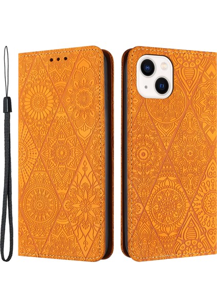 Iphone 15 Için Cüzdan Kılıfı 15 Tamamen Sarılmış Pu Deri Retro Çiçek Impried Telefon Stand Kapak-Sarı (Yurt Dışından)
