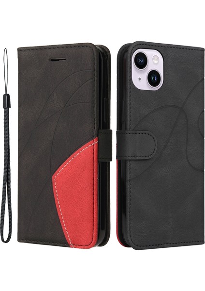 Iphone 15 Pur Deri Stand Telefon Cüzdan Kılıfı Çift Renkli Ekleme Telefon Kapak Black (Yurt Dışından)