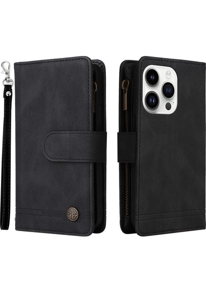 Iphone 15 Pro Için Stand Kılıfı Zipper Cep Telefonu Için Baskılı Cilt Touch Cüzdan Çoklu Kart Yuvası Deri Kapak Black (Yurt Dışından)