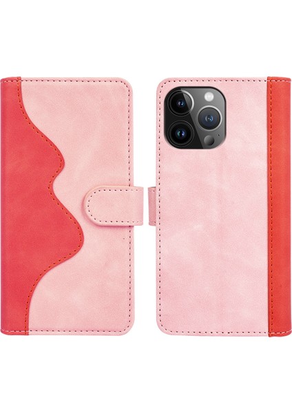 Iphone 15 Pro Maks Çift Renkli Ekleme Manyetik Toka Cüzdan Telefon Kapağı Damla Geçirmez Pu Deri Case-Pink (Yurt Dışından)