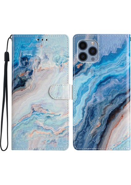 Iphone 15 Pro For Stand Phone Case Desen Baskı Pu Deri Cüzdan Kapağı Kayış Mavisi (Yurt Dışından)