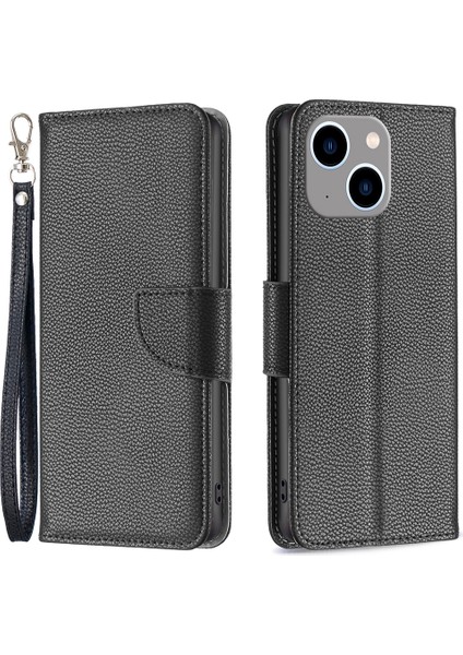 Iphone 15 Için Plus Toz Geçirmez Pu Deri Cep Telefonu Kapağı Cüzdan Litchi Doku Dokunma Stand Kılıfı Strap-Black (Yurt Dışından)