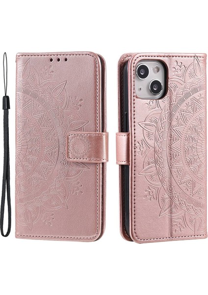 Iphone 15 Plus Mandala Çiçek Koruyucu Koruyucu Kılıf Pu Deri Cüzdan Stand Telefon Kapağı Strap-Rose Altın (Yurt Dışından)