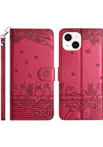 Pu Deri Cüzdan Iphone 15 Için Telefon Kılıfı Plus Wall Cats Strap-Red İle Baskılı Stand Kapağı (Yurt Dışından)