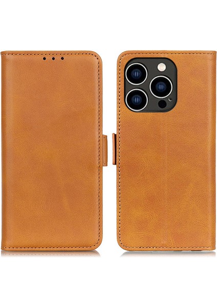 Iphone 15 Pro Max Tam Koruma Kapağı Pu Deri Cüzdan Stand Cowhide Doku Cep Telefonu Kılıf Sarı (Yurt Dışından)