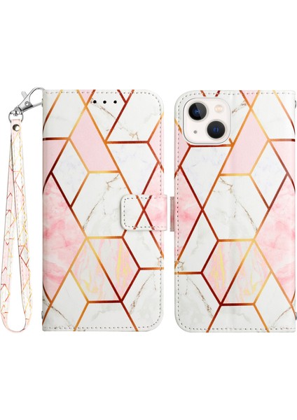 Iphone 15 Akıllı Telefon Şok Geçirmez Kılıf Deri Deri Stand Cüzdan Kapak Pembe Beyaz (Yurt Dışından)