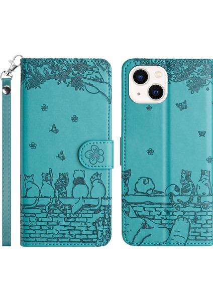Pu Deri Cüzdan Iphone 15 Için Telefon Kılıfı Plus Wall Cats Strap-Mavi İle Baskılı Stant Örtüsü (Yurt Dışından)