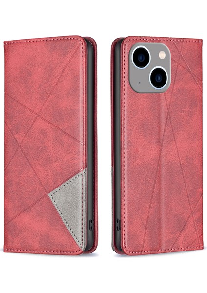 Kart Tutucu Pu Deri Stand Kılıfı Iphone 15 Plus Baskılı Çizgi Telefon Kapak-Kırmızı (Yurt Dışından)