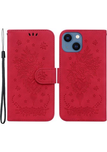 Iphone 15 Için Stand Cüzdan Telefon Kılıfı Plus Gül Kelebek Baskılı Telefon Deri Kapak-Kırmızı (Yurt Dışından)