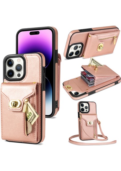 Iphone 15 Pro Max Zipper Cep Deri Kaplamalı Tpu Telefon Kılıfı Tutucu Kickstand Kapak Pembe (Yurt Dışından)