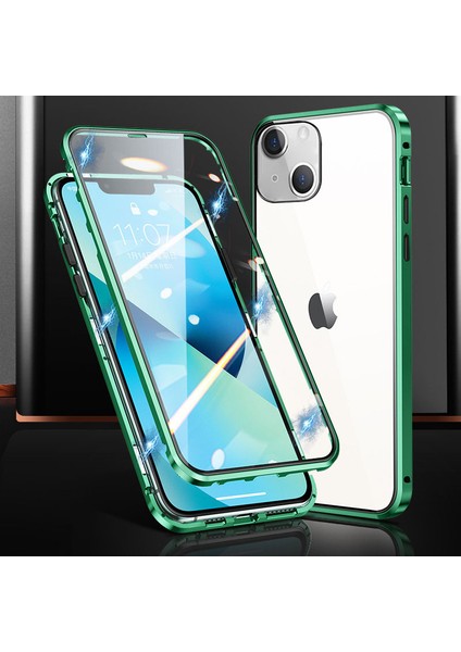 İphone 15 Telefon Kasası Manyetik Metal Çerçeve+Çift Yan Temperli Cam Telefon Kasası Tam Koruma Net Telefon Kapak Yeşili (Yurt Dışından)