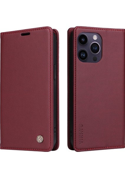 Iphone 15 Pro Max Max Magnetıce Telefon Kapağı Pu Deri Cüzdan Stand Case-Dark Kırmızı (Yurt Dışından)