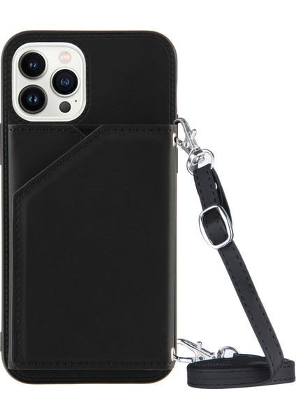 Iphone 15 Pro Card Tutucu Kickstand Case Deri+Tpu Telefon Kapağı Omuz Kayışı Black (Yurt Dışından)