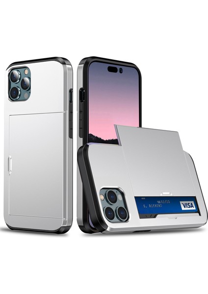 Iphone 15 Pro Tpu+Pc Çift Katmanlı Telefon Koruyucu Case Silver Için Slayt Kartı Tutucu Telefon Kapağı (Yurt Dışından)
