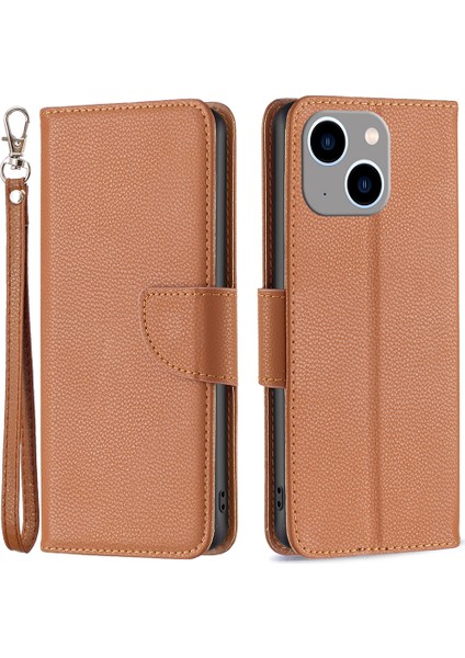 Iphone 15 Için Plus Toz Geçirmez Pu Deri Cep Telefonu Kapağı Cüzdan Litchi Doku Dokunma Stand Kılıfı Strap-Brown (Yurt Dışından)