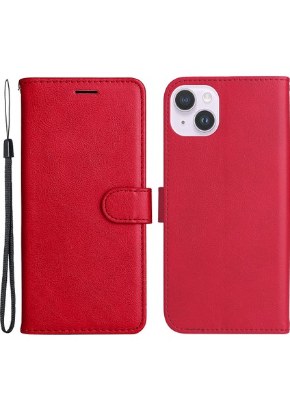 Iphone 15 Için Pu Deri Telefon Kapağı Artı Cüzdan Stand-Kırmızı İle Düz Renkli Telefon Kasası (Yurt Dışından)