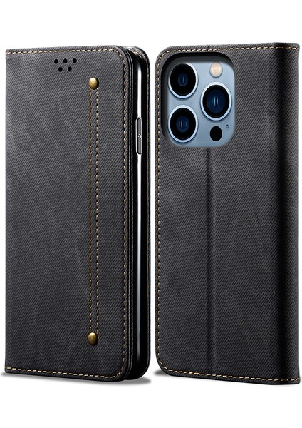 Iphone 15 Pro Pu Deri Telefon Kılıfı Kot Koku Doku Cüzdan Stand Anti-Sracratch Telefon Kapak Black (Yurt Dışından)