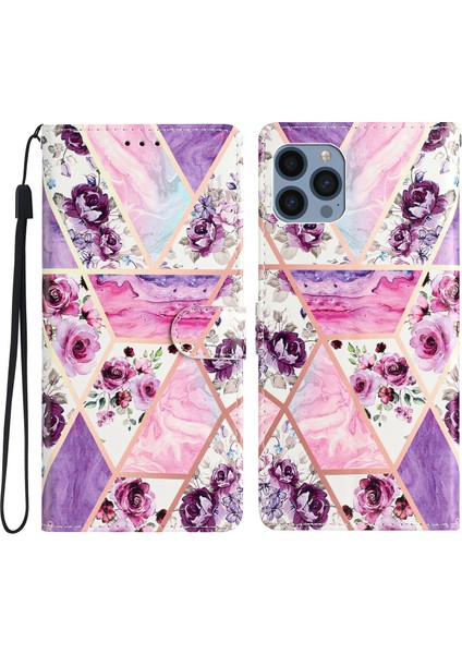 Iphone 15 Pro Için Stand Telefon Kılıfı Desen Baskı Pu Deri Cüzdan Kapağı Strap-Purple (Yurt Dışından)