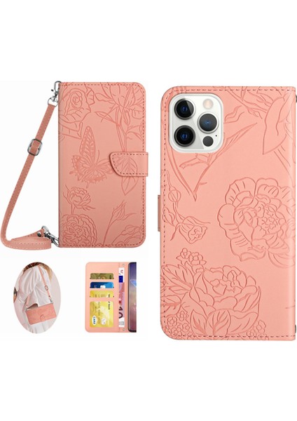 Iphone 15 Pro 15 Pro Pu Deri Stand Cüzdan Bump Kanıtı Baskılı Kılıf Omuz Kayışı Pembe (Yurt Dışından)