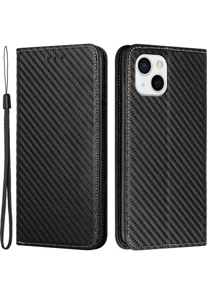 Iphone 15 Için Stand Telefon Kapağı Plus Karbon Fiber Doku Pu Deri+Tpu Cüzdan Case-Black (Yurt Dışından)