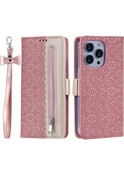 İphone 15 Pro Telefon Kılıfı Stand Kabuk Fermuarı Cüzdan Dantel Çiçek Deseni Deri Telefon Kılıfı Bowknot Bilek Strap-Rose Altın (Yurt Dışından)