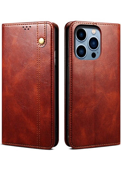 Iphone 15 Pro Pu Deri Cep Telefon Kılıfı Mumsu Çılgın At Doku Telefon Kapak Standı Cüzdan-Brown (Yurt Dışından)