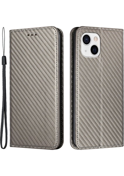 Iphone 15 Için Stand Telefon Kapağı Plus Karbon Fiber Doku Pu Deri+Tpu Cüzdan Case-Grey (Yurt Dışından)